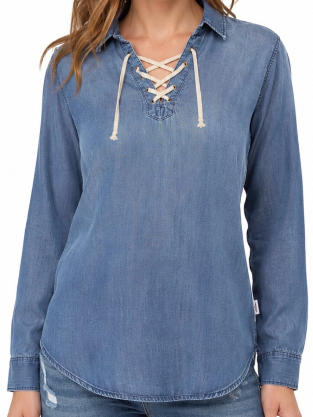 Beach Lunch Lounge Chambray Denim Lace Up Long Sleeve Tunic Top Size S NWT Coast